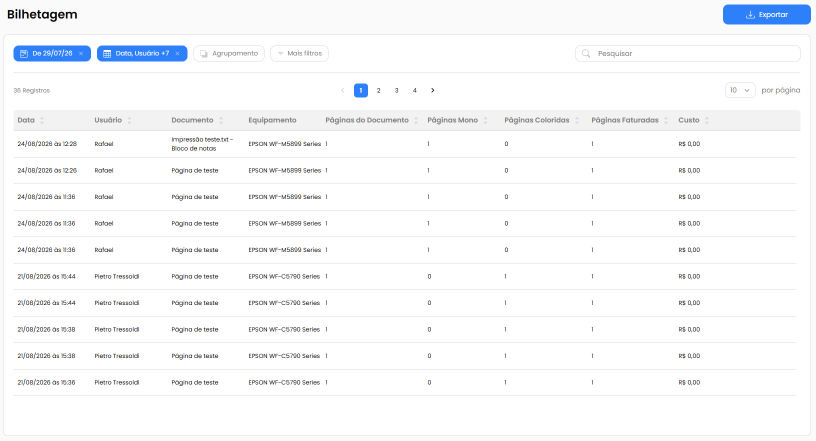 Tela de bilhetagem do Portal PrintEdge