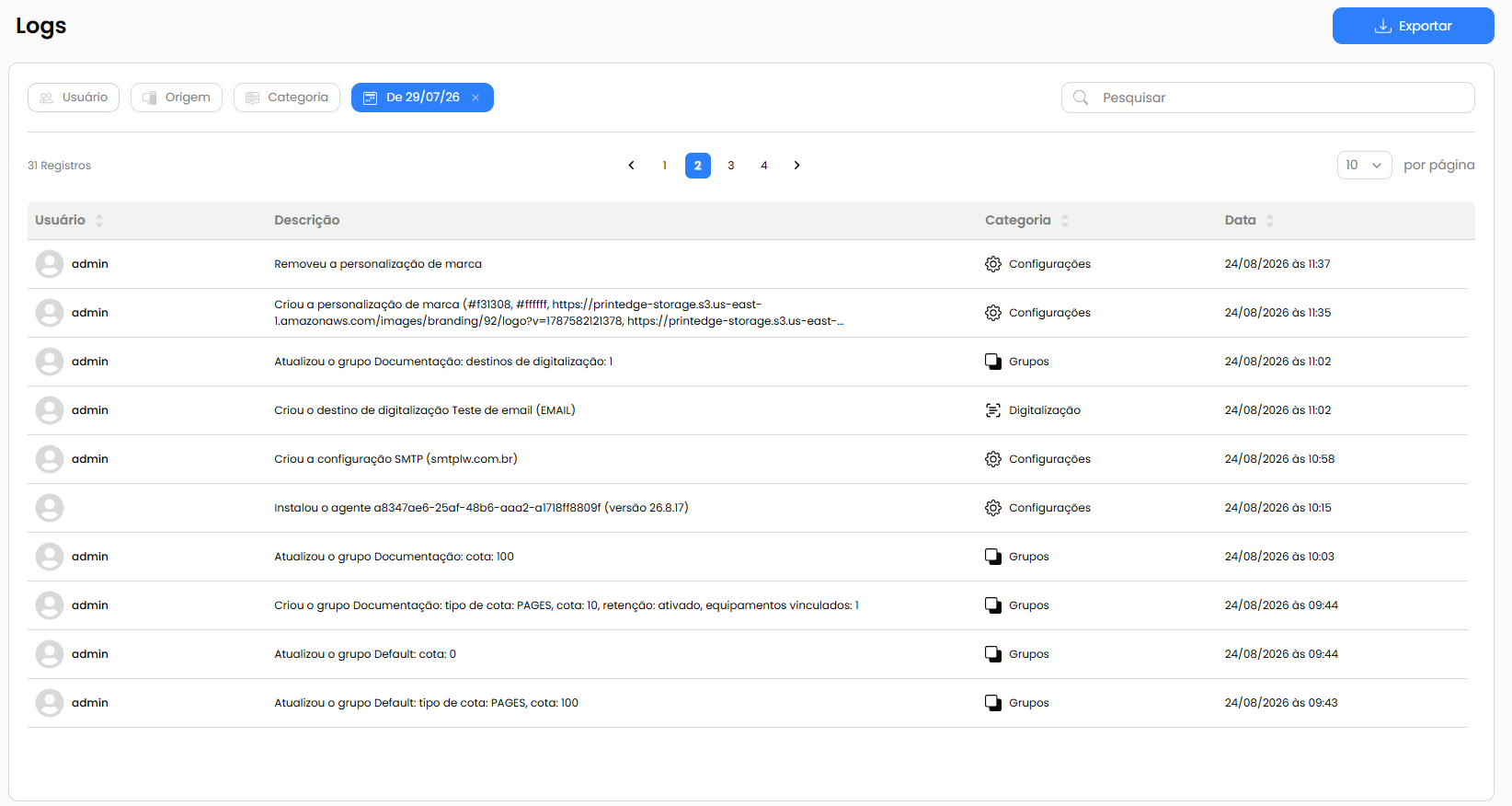 Tela de logs do Portal PrintEdge